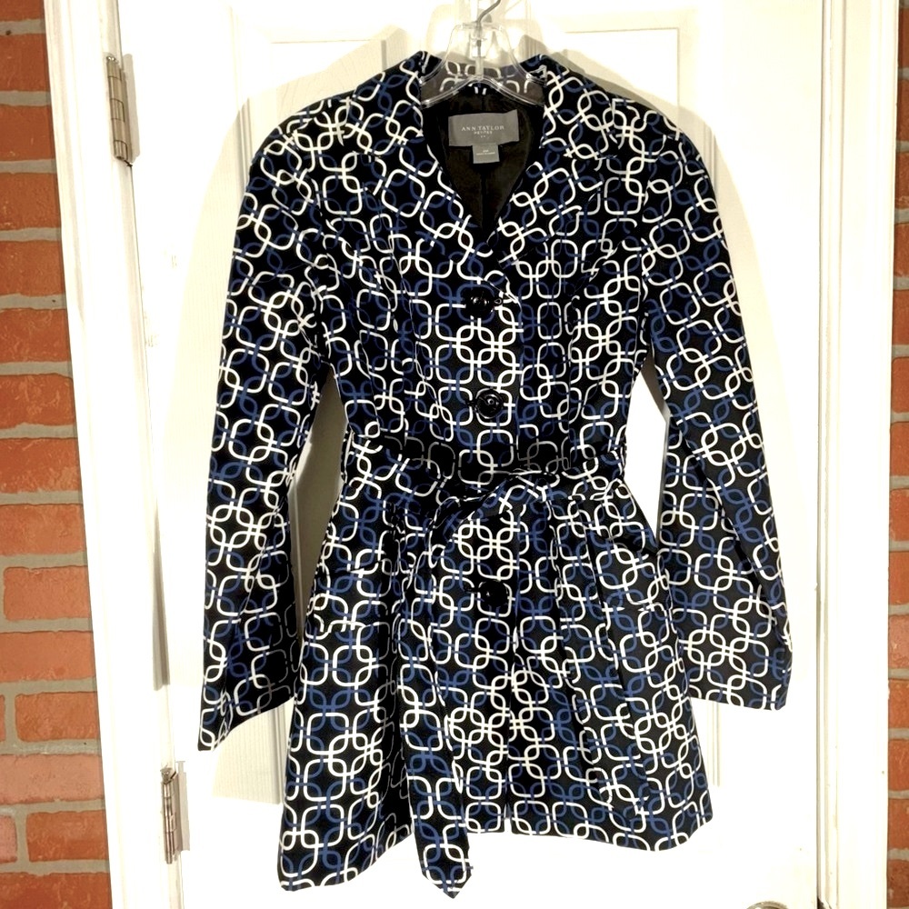 Ann Taylor Black-Blue Geometric Trench / Pea Coat Women’s XSP 💯 Cotton 💯 Lining